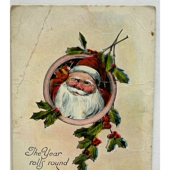Vintage Christmas Postcard Santa Claus in Holly Frame Keep it Cheery - Picture 4 of 7